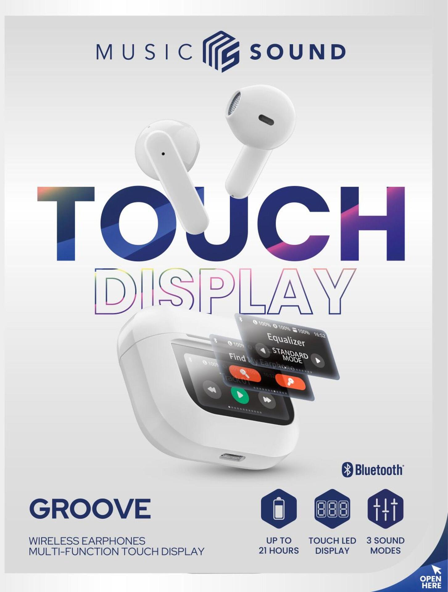 Bluetooth слушалки Music Sound TWS Groove с LCD дисплей бели