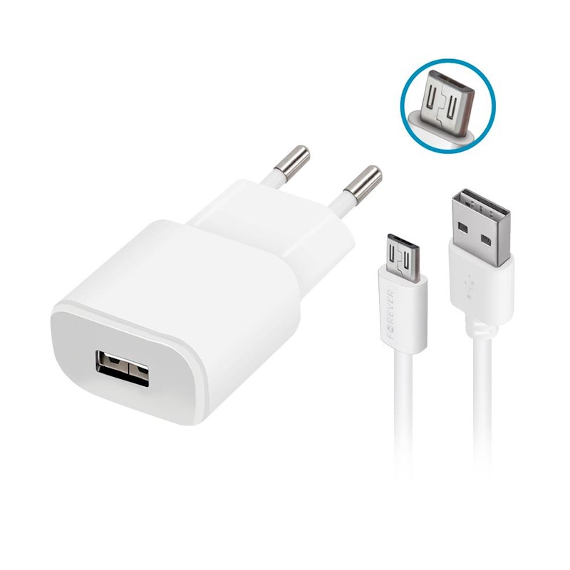 Зарядно Forever 220V TC-01 + microUSB кабел 2А бяло