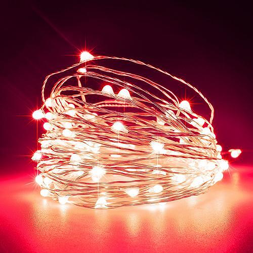 Коледни лампички 100 MINI LED с червена светлина и сребърен кабел